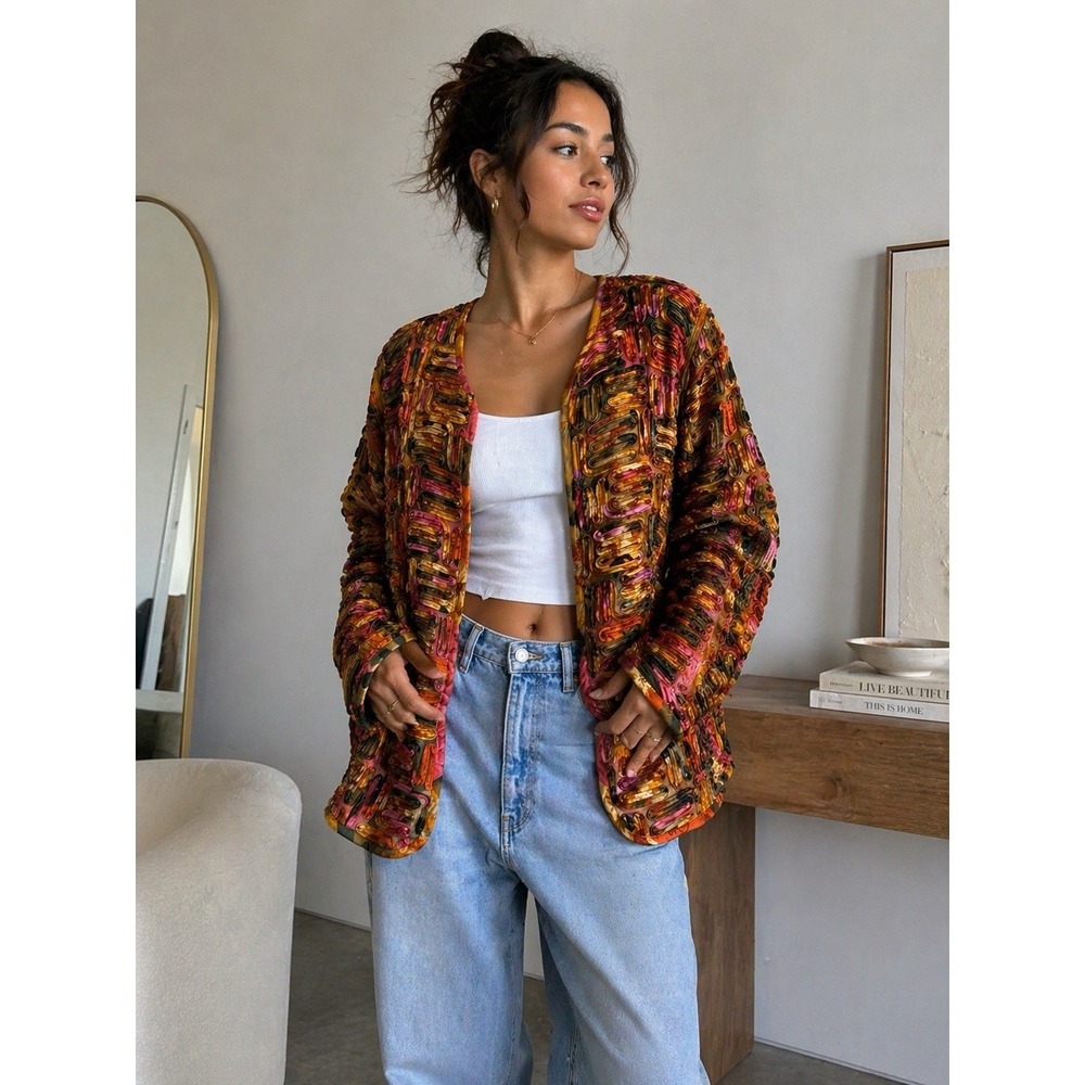 Chicos 100% Silk Open Front Textured Artsy Jacket Size 2 Colorful Maximalist